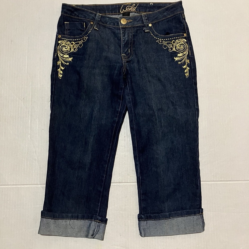 WCKD Size 7 X 20.5 GOLD EMBROIDERED COTTON BLEND DENIM CAPRI‎ FOLDED HEM Dark